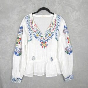 Forever That Girl Embroidered Peplum Blouse Size XL White Anthropologie Tassel